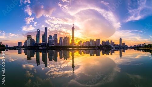 Stunning Shanghai Skyline Reflection at Sunset - A Modern Metropolis.