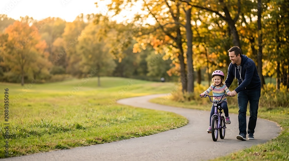 Fototapeta premium Happy father teaching daughter to ride bicycle in a sunny park