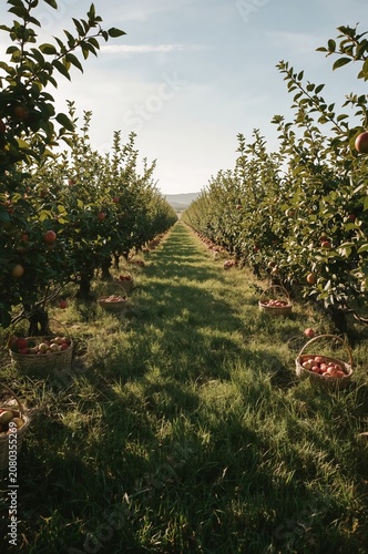 Visitors Pick Apples in an Orchard on a Sunny Day With Trees Lined on Both Sides