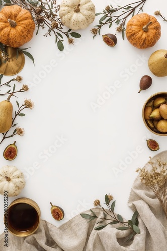 Decorative Autumn Display With Pumpkins and Fruits on a White Surface With Dr...
