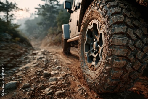 Off-Road Adventure: A rugged vehicle navigates a challenging dirt path, its aggressive tire treads gripping the uneven terrain amidst a misty, natural landscape.