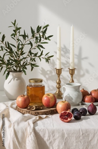 Table Setting With Fruits, Honey, and Candles is Arranged in a Bright Room