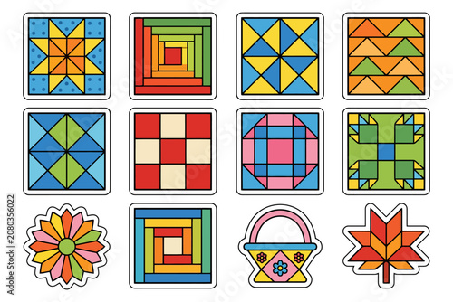 Colorful geometric quilt patterns featuring stars and shapes.