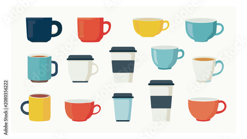 Collection of colorful ceramic and paper coffee cups with lids in various shapes and shades for breakfast and beverage consumption