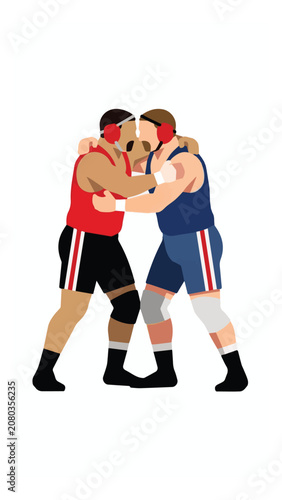 Two male wrestlers in action wearing colorful shorts and headgear during a wrestling match on a plain background