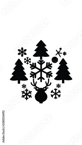 Festive Christmas tree with ornaments in green and gold colors surrounded by snowflakes and decorative elements for holiday celebration