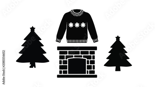 Stylized black and white Christmas fireplace scene with pine trees and festive sweater for holiday home decoration