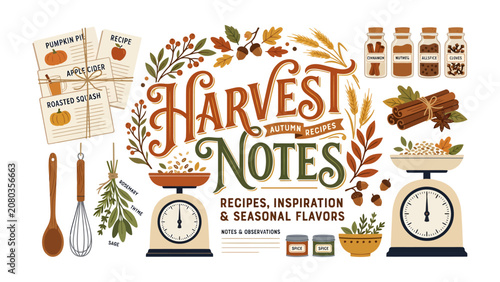 Photos Harvest Notes: Autumn recipes, inspiration, and seasonal flavors are beautifully illustrated with charming elements like weighing scales, spice jars, recipe cards, herbs