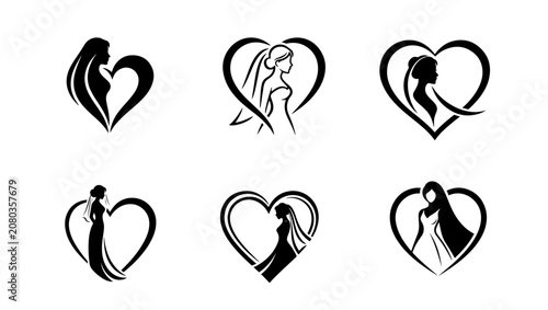 Luxury wedding logo combining bride silhouette with heart shape, elegant feminine branding, minimalist vector style, black monochrome design, isolated white background,