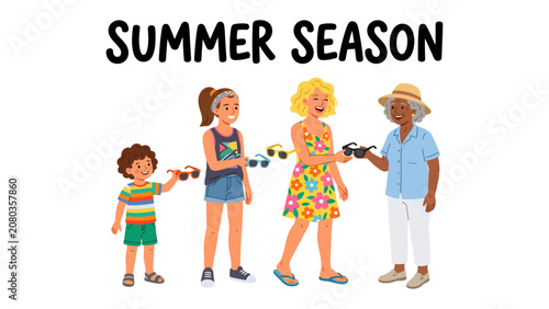 Summer Season Celebration: A joyful multi-generational family embraces the summer season, each holding sunglasses and radiating happiness under a prominent SUMMER SEASON banner.