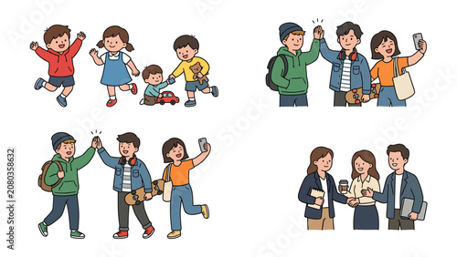 Foto Children and Teenagers Enjoying Activities Together: A collection of charming illustrations depicting children and teenagers engaging in various joyful activities