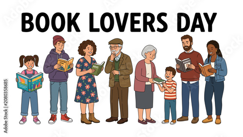 Canvastavla Book Lovers Day Celebration: A vibrant illustration depicts diverse individuals of all ages, from children to seniors, happily engaging with books, celebrating the joy of reading on Book Lovers Day