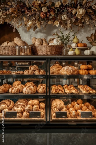 Bakery Display With Various Bread and Pastries Arranged on Shelves in a Cozy ...