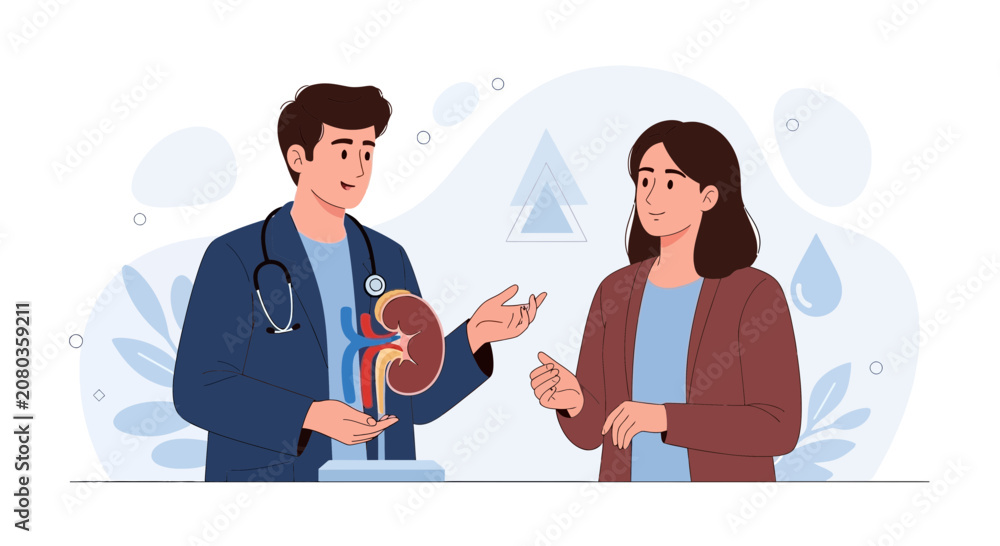 Fototapeta premium Doctor explaining kidney anatomy and function to patient, medical consultation, healthcare illustration