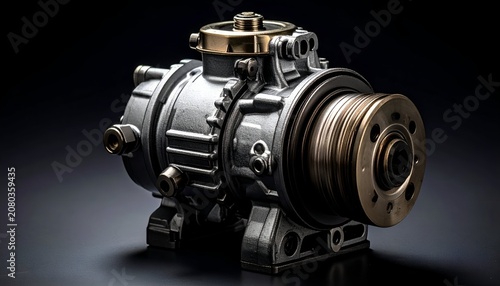 Close-up of a shiny, metallic air conditioning compressor on dark background.