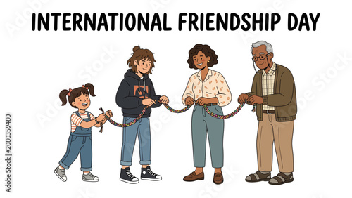 Obraz na plátně International Friendship Day: A heartwarming illustration depicts four diverse individuals, spanning generations and backgrounds, coming together to celebrate International Friendship Day