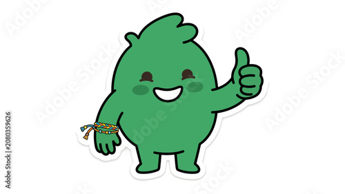 Obraz na płótnie Green Mascot Thumbs Up: A cheerful, green cartoon character with a friendly smile and a thumbs-up gesture, radiating positivity and approval, ready to endorse any concept