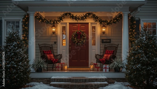 Front Porch Decorated for Holiday Season With Lights and Wreath in Snowy Setting