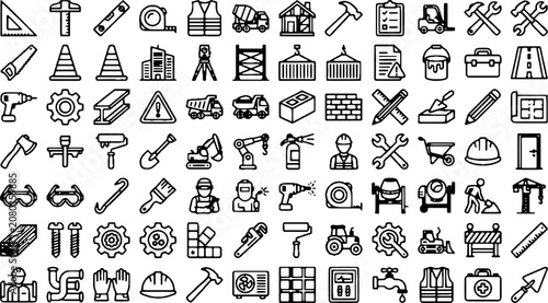 Construction site icons and symbols for building and architecture projects  various tools and equipment illustrations