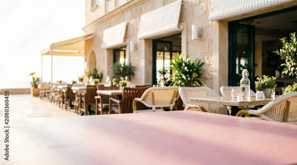 Fototapeta premium Outdoor Café Terrace with Stone Building and Wicker Furniture for Lifestyle Photography