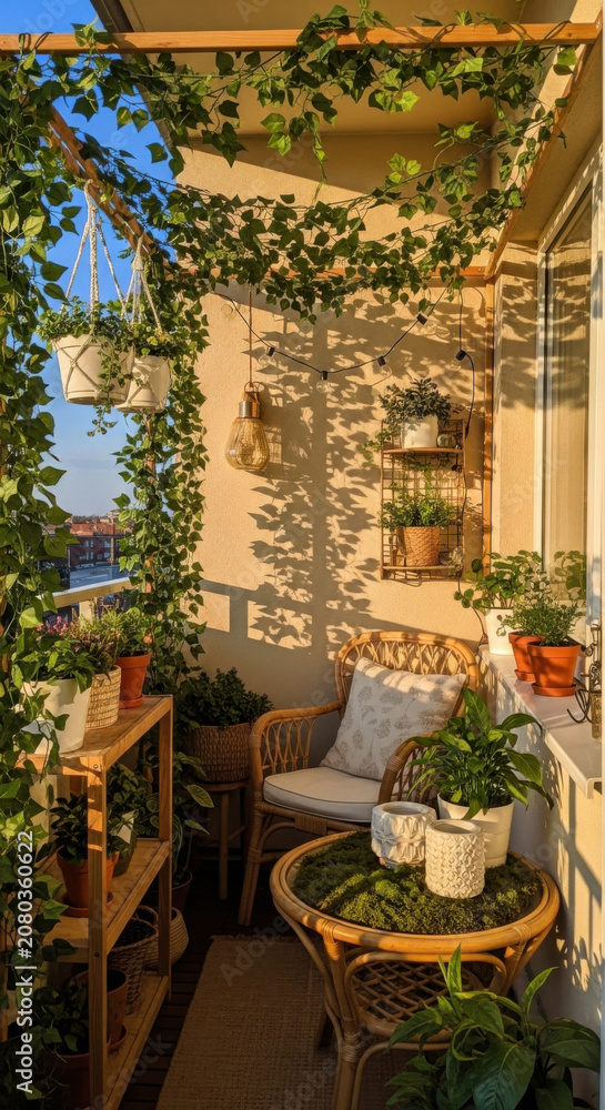 Fototapeta premium Serene Balcony Oasis Filled With Lush Greenery And Natural Light