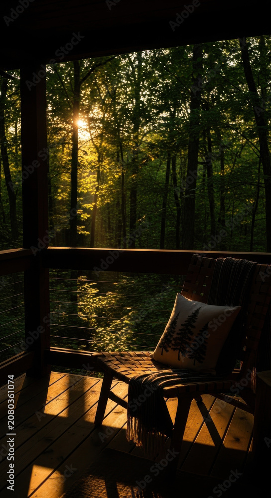 Fototapeta premium Serene Forest Porch Morning Sunbeam Through Trees