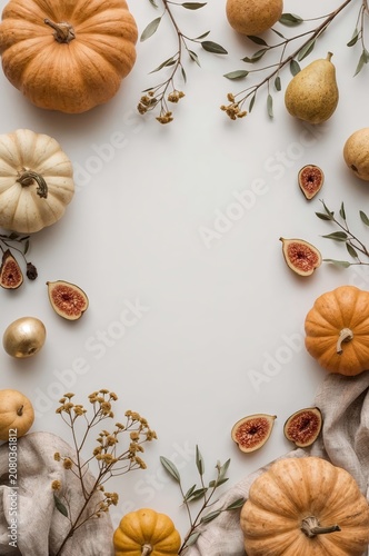 Harvest Display With Pumpkins, Figs and Natural Elements on a Light Backgroun...