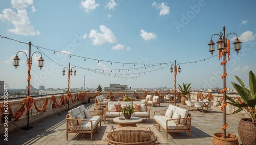 Rooftop Space With Seating and Decorations in the City During Daytime