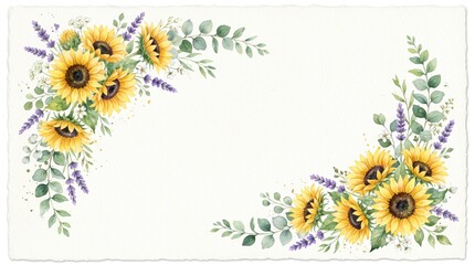 Watercolor corner border frame with sunflower, lavender flowers and eucalyptus leaves. Greenery clipart for wedding invitation, greeting cards, save the date, stationery design.