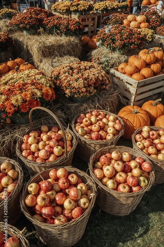 Pumpkins and Apples Fill Baskets at a Farm Market During the Fall Season
