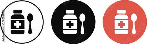 Tableau sur toile Medicine bottle and spoon icons, medical dosage symbols for pharmacies, healthcare services, pediatric medicine, and treatment illustrations