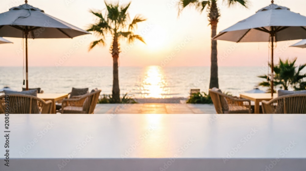 Fototapeta premium Beachside Dining Area at Sunset for Travel Marketing