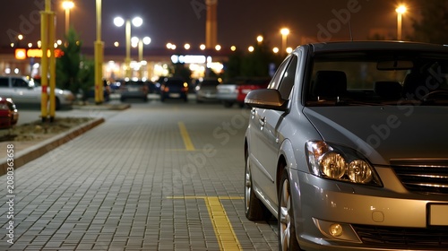 Silver car parked in outdoor parking lot at night. Illuminated city street lighting. Transportation, travel and automotive urban scene. Nighttime road journey concept with vehicle.
