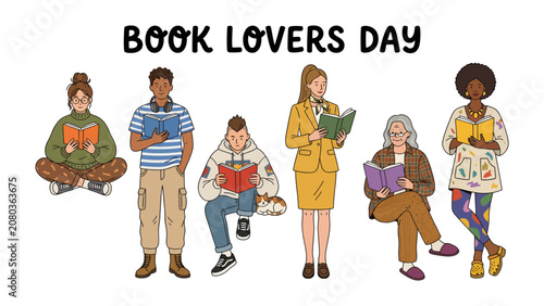 Canvastavla Book Lovers Day Illustration: A diverse group of individuals, each engrossed in reading a book, are depicted in a charming illustration celebrating Book Lovers Day