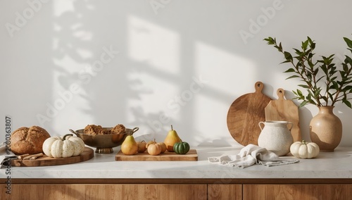 Countertop Arrangement With Bread, Pumpkins, and Decorative Items in a Bright...