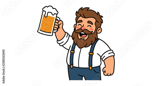 Bild auf Leinwand Cheerful Bearded Man Holding Beer Mug: A happy, stout man with a big beard and mustache raises a frothy mug of beer in celebration, his eyes closed in pure delight