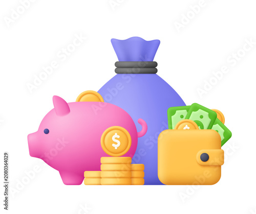Purple money bag with piggy bank, yellow wallet and coin stack. Banking, budgeting, investment, savings, personal finance and money management concept. 3d vector icon. Cartoon minimal style.