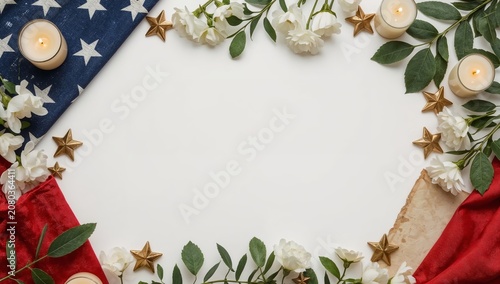 Decorative Setup for a Celebration With Flowers, Candles, and Flags on a Whit...