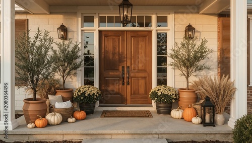 Fall Decorations on a Front Porch With Pumpkins and Plants in the Evening Light