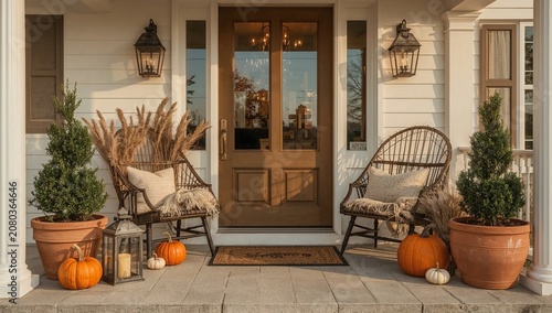 Decorative Porch With Pumpkins and Plants in Autumn Setting