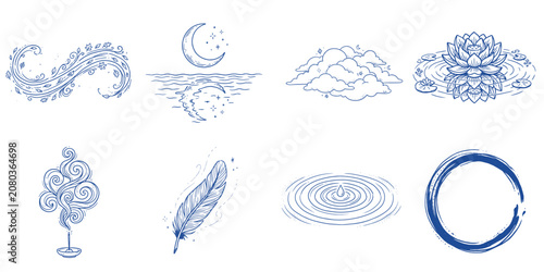 Zen Wellness Graphic Elements Collection with Ripple Enso Lotus Moon Clouds Feather and Incense Smoke
