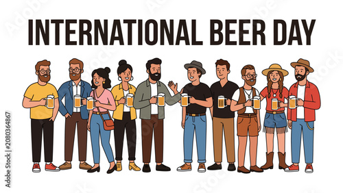 Fotografie Celebrating International Beer Day: A diverse group of cheerful people holding beer glasses, standing together to commemorate International Beer Day