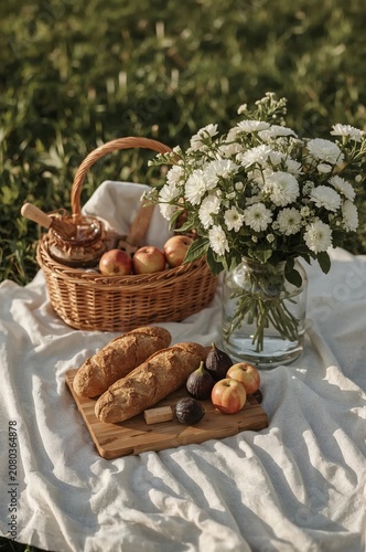 Fresh Bread and Fruits on a Picnic Blanket With Flowers in a Vase