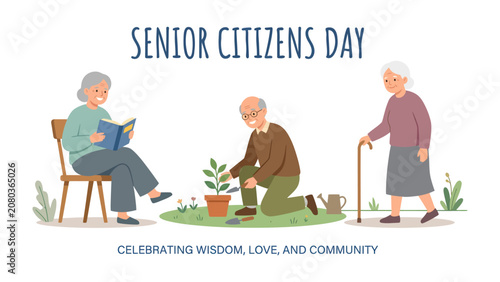 Canvas Print Celebrating Senior Citizens Day: A heartwarming illustration depicts three seniors enjoying their day, one reading a book, another gardening, and the third with a cane, symbolizing wisdom, love