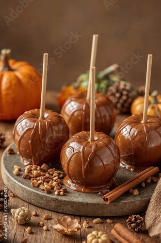 Caramel Apples on a Wooden Table With Pumpkins and Nuts in Autumn