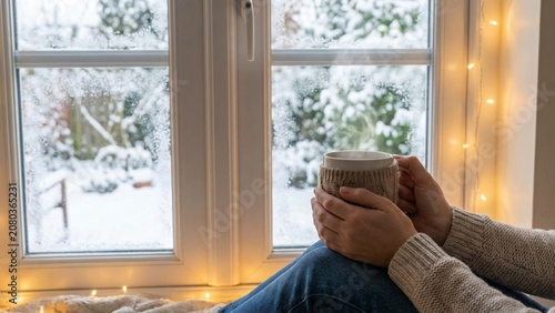 Woman holding a warm mug of coffee with a cozy knit sleeve, looking out at a snowy winter garden through a window.
