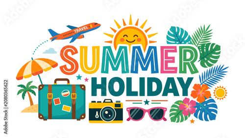 фотографія Summer Holiday Celebration: Vibrant illustration depicts an exciting summer holiday with elements like an airplane, suitcase, camera, sunglasses, sun, and tropical leaves