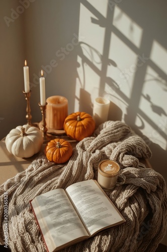 Cozy Reading Setup With Candles, Pumpkins, and a Warm Drink in a Sunlit Room