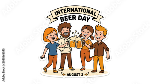 Fotografie International Beer Day Celebration: A group of happy friends clinks their beer mugs together in a toast, celebrating International Beer Day with laughter and good cheer