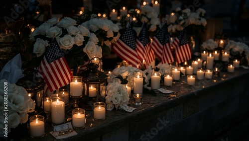 Memorial With Candles and Flowers Honoring a Significant Event